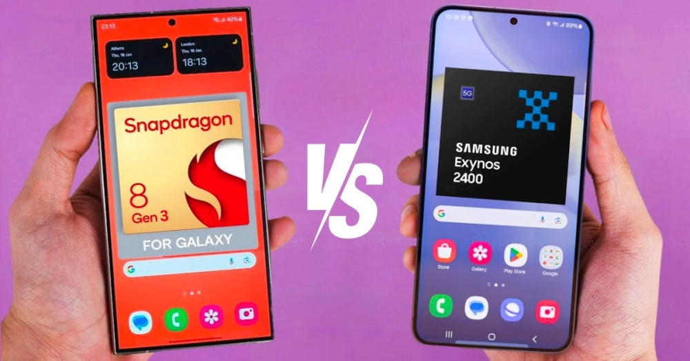  Hai chiếc Samsung Galaxy S24, một dùng Snapdragon, một dùng Exynos, đặt cạnh nhau để so sánh.
